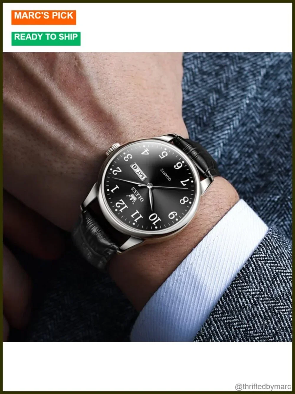 Men's Dress Watch Waterproof Leather Band Large Face Analog Quartz Business